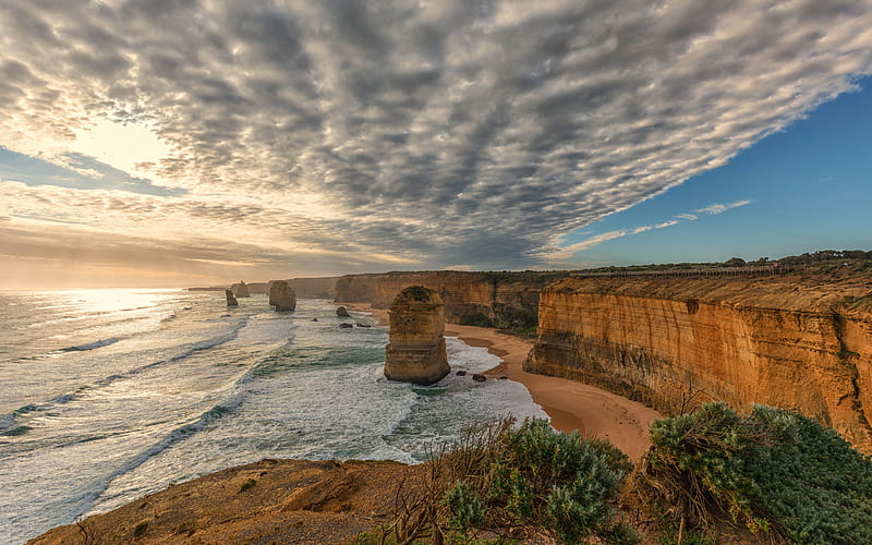 Twelve Apostles, coast, ocean, cliffs, evening, sunset, Victoria, Port Campbell National Park, Australia, HD wallpaper