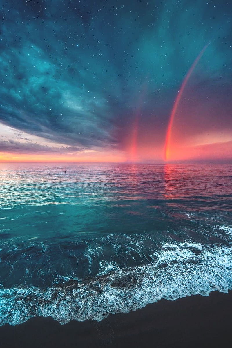 Ocean magnificence , earth, sunset, sky, rainbow, ocean, colorful, shore, galaxy, universe, HD phone wallpaper