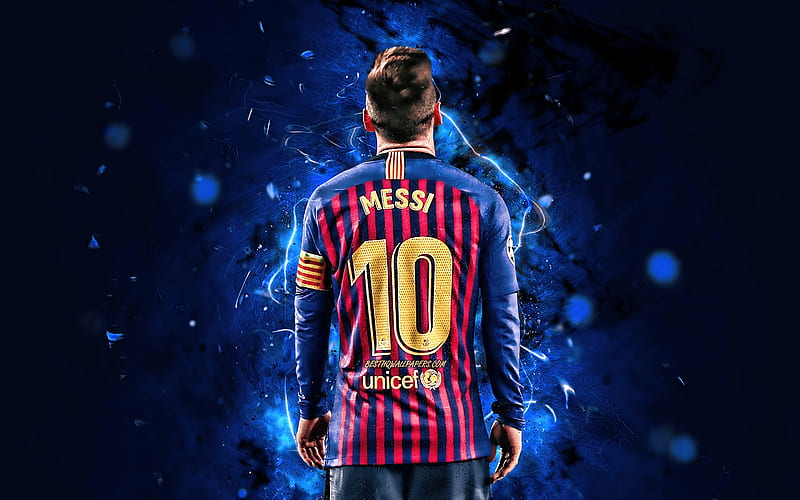 Lionel Messi, football stars, back view, Barcelona FC, argentinian footballers, FCB, macth, La Liga, Messi, Leo Messi, neon lights, LaLiga, Spain, Barca, soccer, HD wallpaper