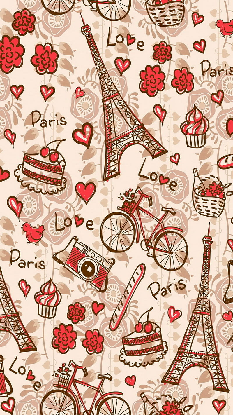 Paris Pattern, eiffel, flowers, corazones, tower, HD phone wallpaper