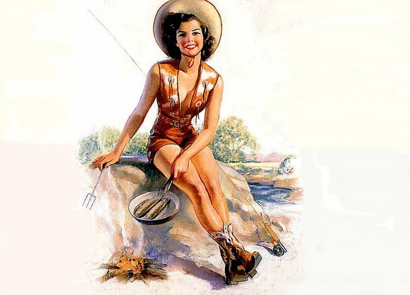 Cowgirl Fish Fry, art, female, hats, boots, fun, women, cowgirls, drawing, painting, girls, HD wallpaper