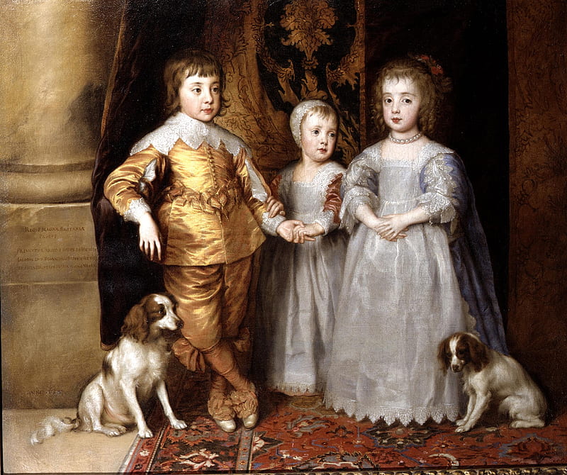 King Charles II with spaniels., art, costume, children, portrait, dogs, HD wallpaper