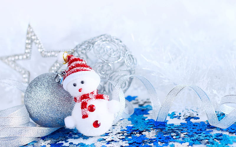 Snowman, New Year, silver balls, snow, HD wallpaper
