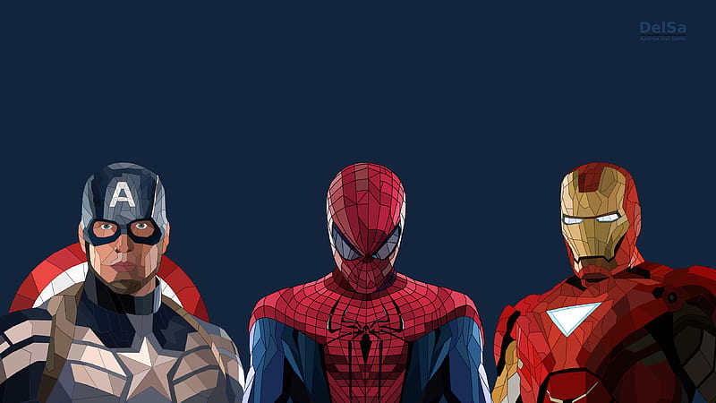 Spiderman Iron Man Captain America Low Poly Artwork, spiderman, iron-man, captain-america, artwork, behance, superheroes, HD wallpaper