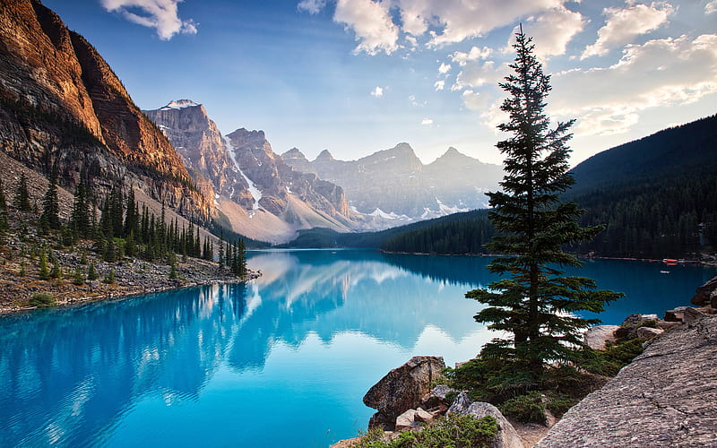 North America, Moraine Lake, morning, Banff National Park, blue lake, mountains, Canada, HD wallpaper