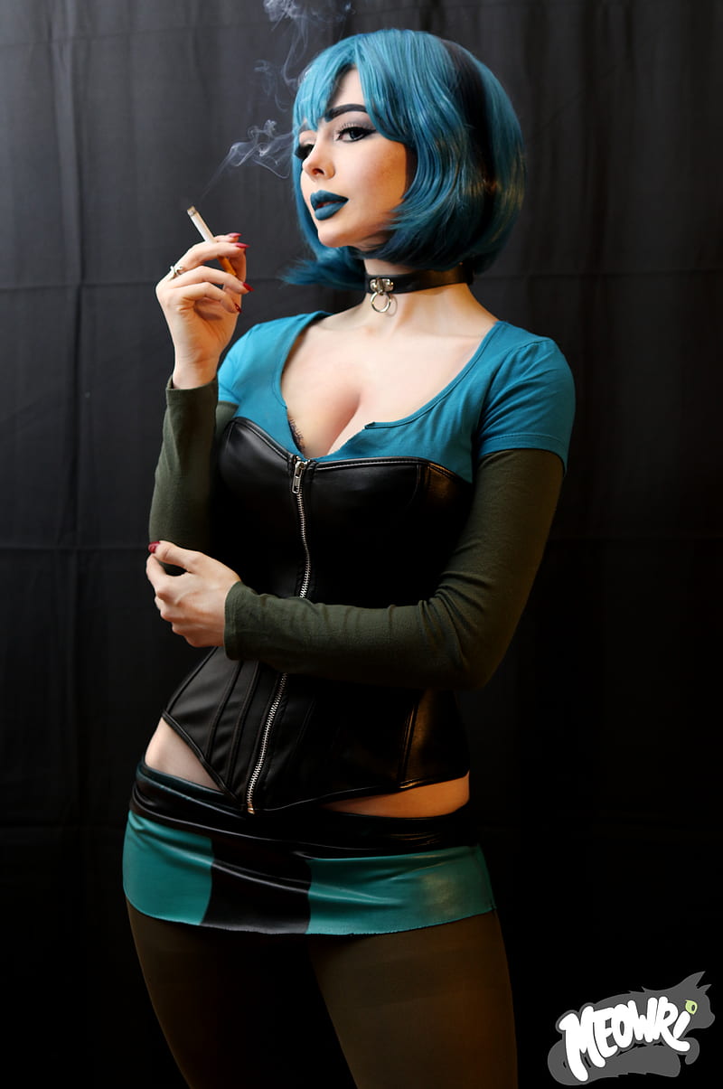 Jenna Lynn Meowri, cosplay, ass, women, blue hair, smoke, HD phone wallpaper