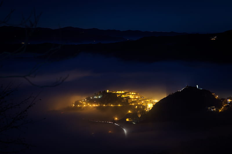 city, night, fog, light, mountains, rimini, italy, HD wallpaper