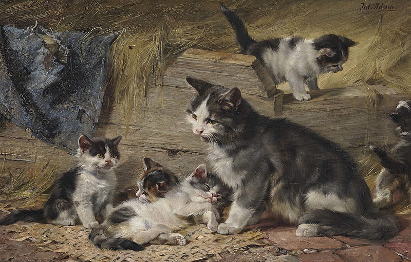 Mother cat with her kittens, art, julius anton adam, painting, pictura, cat, mother, pisici, kitten, HD wallpaper