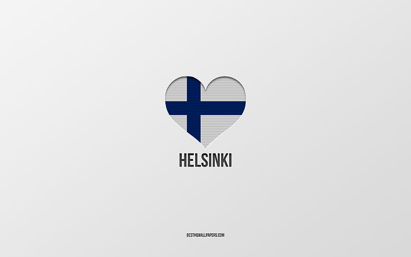 I Love Helsinki, Finnish cities, gray background, Helsinki, Finland, Finnish flag heart, favorite cities, Love Helsinki, HD wallpaper
