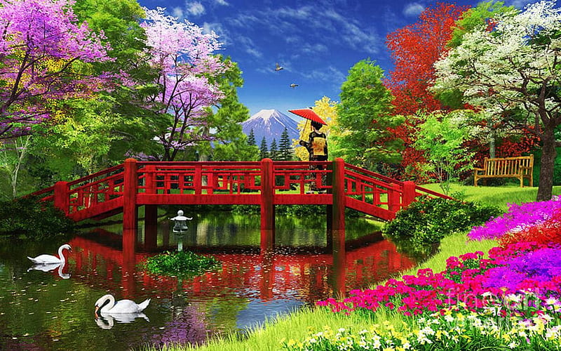 Fuji Lake, japan, bridge, flowers, blossoms, park, trees, swans, artwork, HD wallpaper