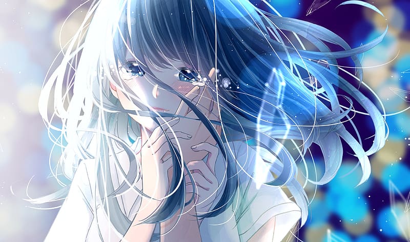 Anime Girl Blue Eyes Black Hair Long Hair Crying Hd Wallpaper Peakpx