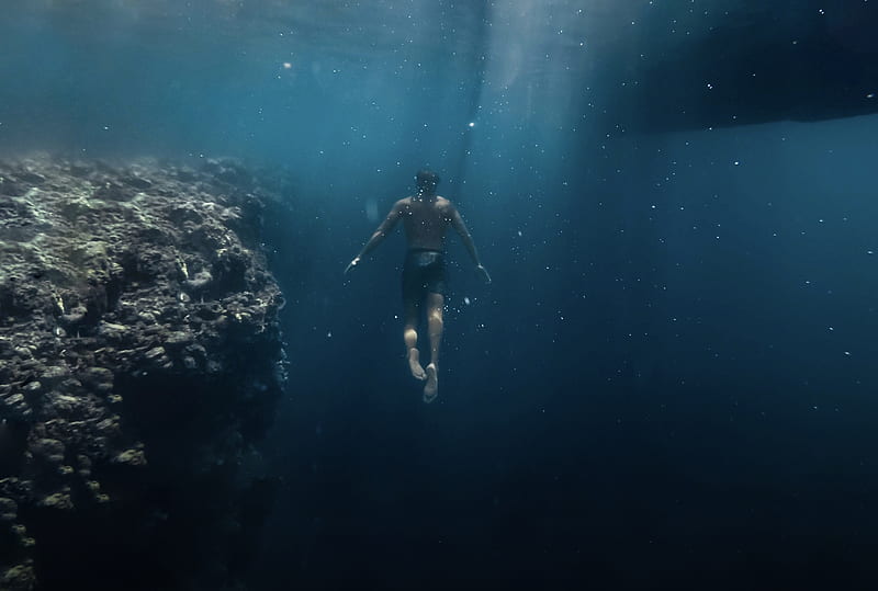 underwater, man, swimming, ocean, reef, Nature, HD wallpaper
