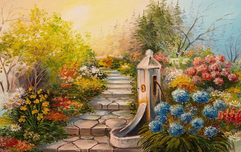 Garden Steps, painting, garden, flowers, trees, HD wallpaper