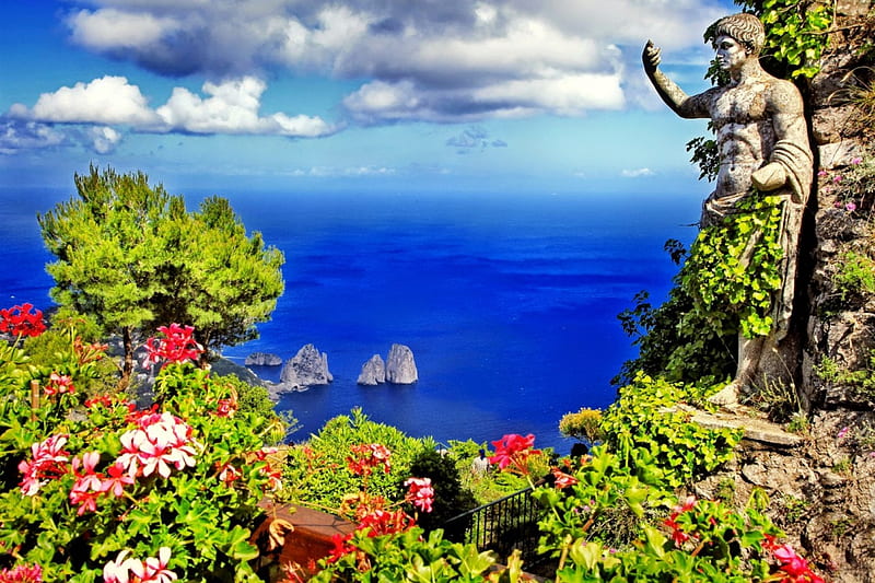 Beautiful Capri, lovely, view, Italy, Capri, sky, sea, statue, summer, flowers, landscape, coast, blue, HD wallpaper