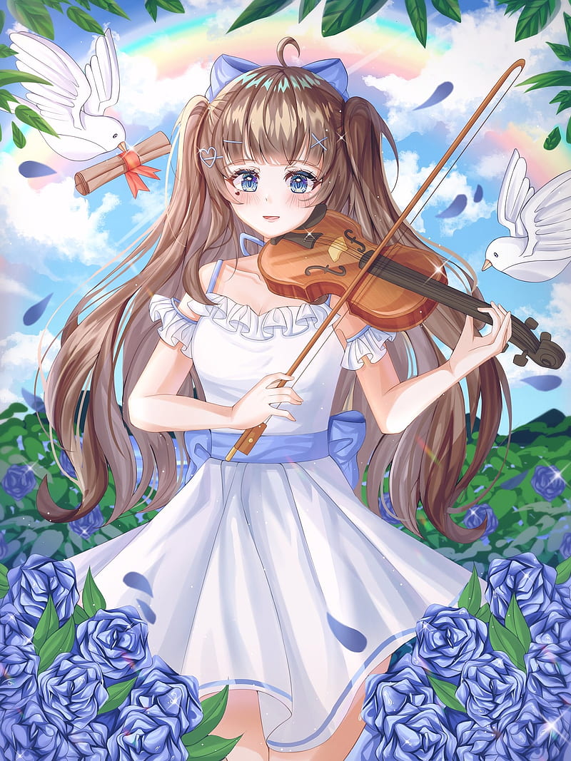 Girl, violin, birds, anime, art, HD mobile wallpaper | Peakpx