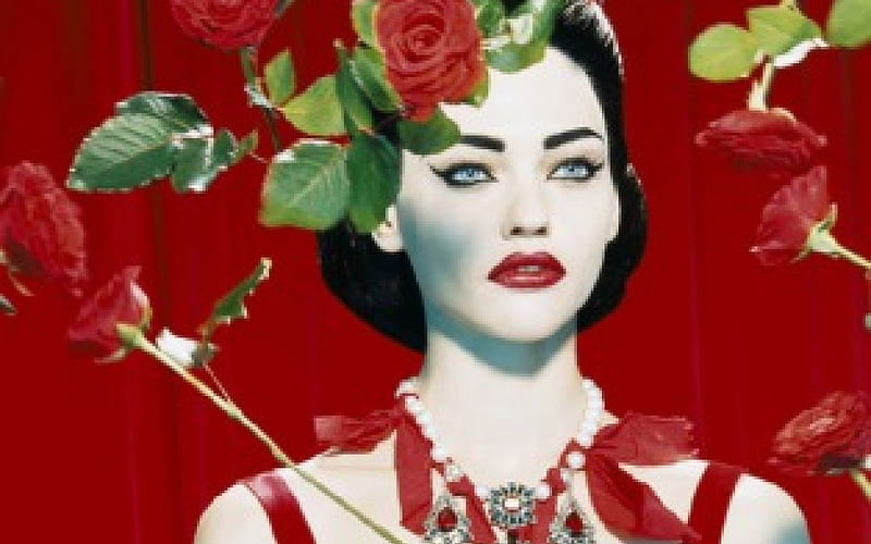 by Miles Aldridge, red, high fashion, model, flowers, roses, HD wallpaper