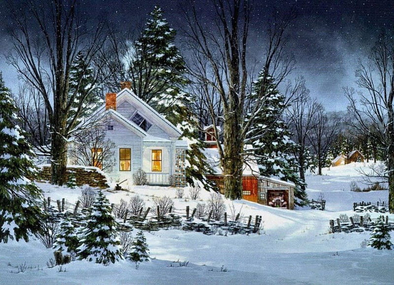 Wintertime, snow, cottage, nature, trees, artwork, HD wallpaper | Peakpx