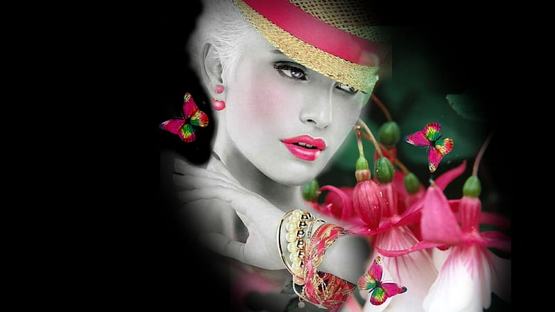 La Femme Coral Bells and Butterflies, pretty, bold, bonito, women are special, gorgeus, etheral women, bright colors, glam women, lafemme portrait, pink, female trendsetters, lafemme headdress, daring, lovely, vivid, lips nails eyes hair art, hat, misted, coral color, HD wallpaper