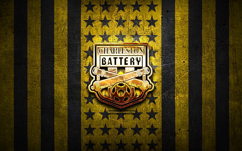 Charleston Battery flag, USL, yellow black metal background, american soccer club, Charleston Battery logo, USA, soccer, Charleston Battery FC, golden logo, HD wallpaper