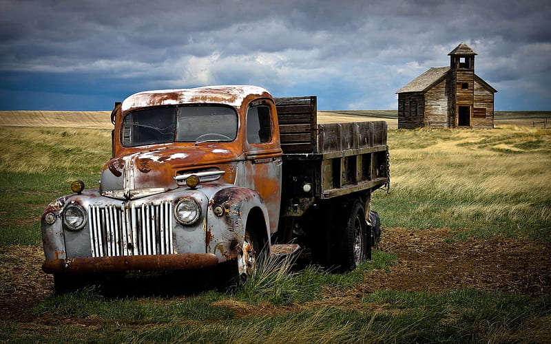 Old Lorry, rusty, Farm, house, field, HD wallpaper