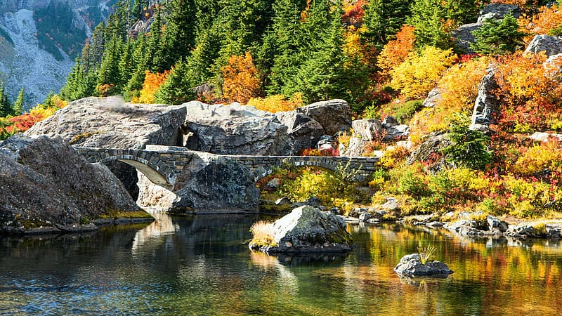 Fall Colors at Mount Baker, Washington, landscape, trees, colors, autumn, water, rocks, pond, usa, HD wallpaper