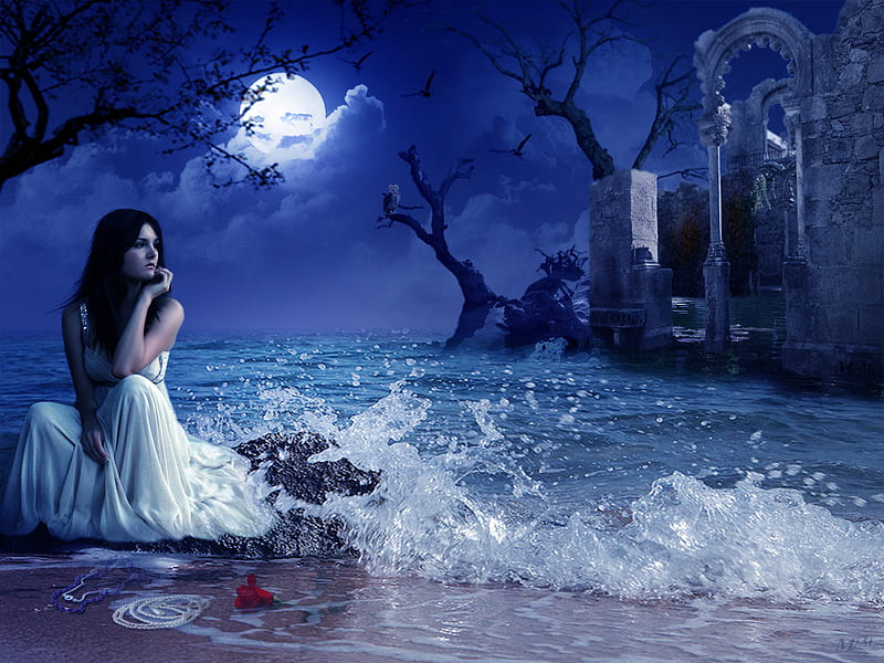 ANTICIPATION, moon, female, ocean, blue, night, HD wallpaper