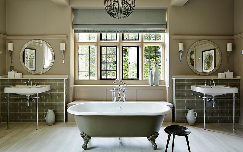 bathroom interior, classic style, round bathroom mirrors, stylish interior design, bathroom, HD wallpaper