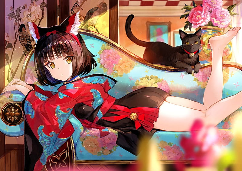 Catgirl, red, manga, fuji choko, cat, fantasy, girl, anime, pisica, blue, HD wallpaper