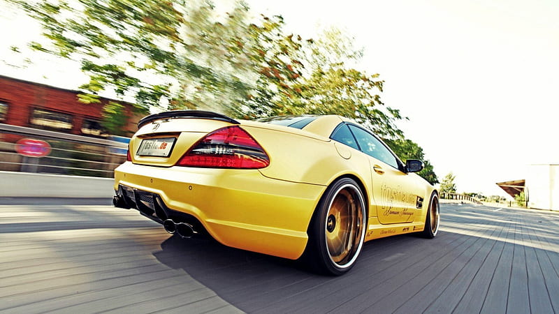 modified mercedes, yellow, two seater, yellow alloys, front engine, HD wallpaper