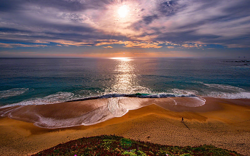 Pacific Ocean, coast, evening, sunset, waves, beach, summer travel, Garrapata State Park, California, USA, HD wallpaper