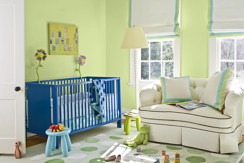 Beautiful Nursery, nursery, bedroom, boy, girl, large, love, bright, siempre, green lime, nature, child, childhood, light, blue, HD wallpaper
