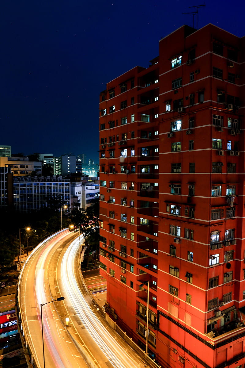 city, buildings, road, night, aerial view, HD phone wallpaper