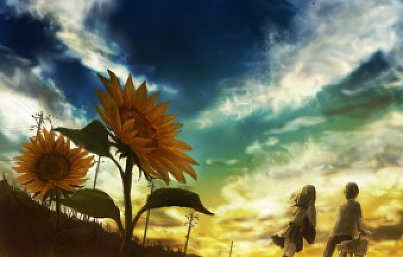 Lonely Flower, pretty, wonderful, adorable, sweet, floral, nice, onderful, love, anime, beauty, anime girl, evening, realistic, lovely, romance, sunflower, anime couple, sky, cute, lover, awesome, bonito, blossom, painting, canvas, scenery, couple, female, cloud, romantic, spendid, kawaii, girl, dark, flower, scene, HD wallpaper