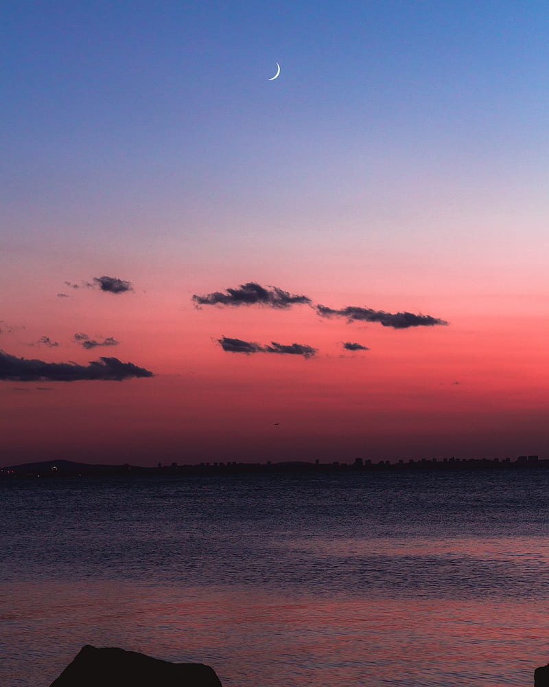 Moonrise , colorful, minimalistic, moon, sea, sunset, HD phone wallpaper