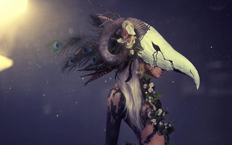 Zodiac ~ Aries, peacock feathers, head, blonde, spring, ram, animal, horns, fantasy, girl, flower, white, skull, creature, blue, HD wallpaper