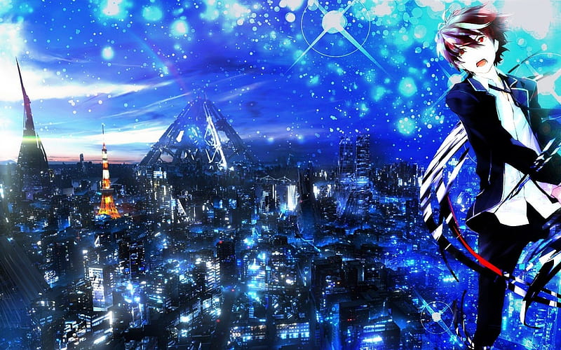 Ouma Shu, male, guilty crown, white skin, brown hair, power, anime boy, wall, yelling, boy, japan, nice, cool, tokyo, tower, Oumna shu, HD wallpaper