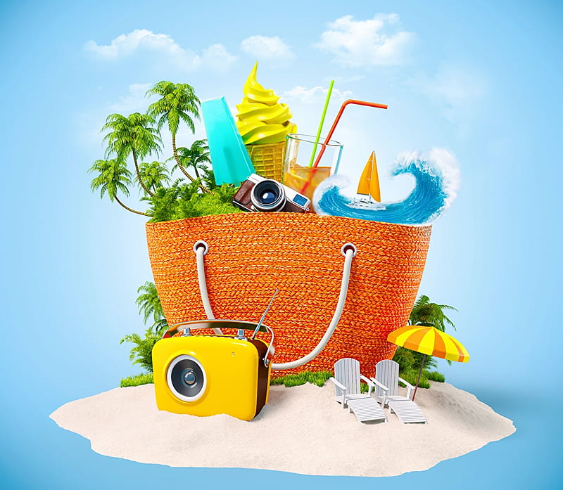 Holiday Concept, Palm trees, Travel, beach, Handbag, Camera, Radio, HD wallpaper
