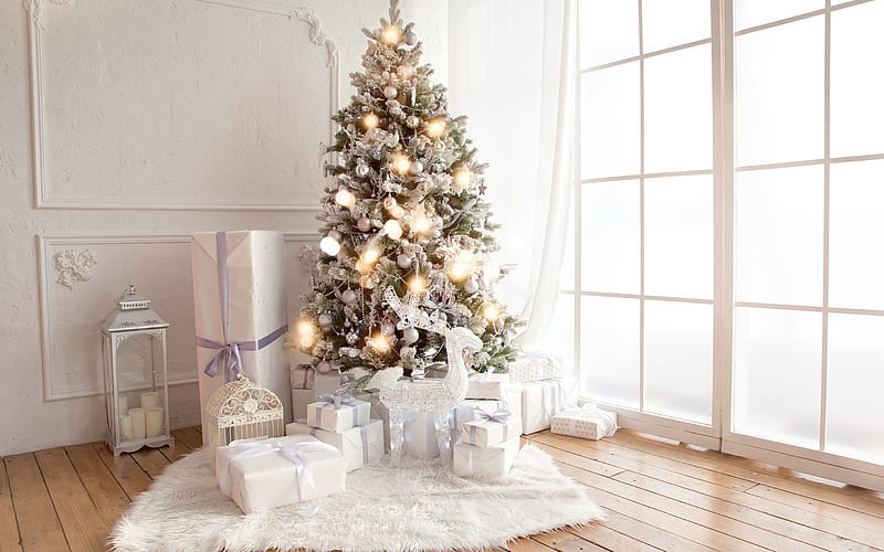 Christmas tree, New Year, gifts, garland, light bulbs, interior, Christmas, HD wallpaper