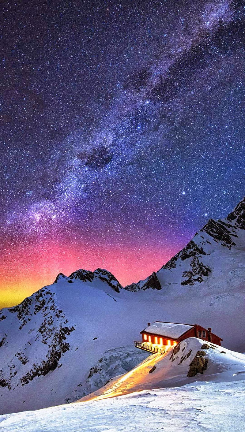 cabin, mountain, sky, snow, stars, HD phone wallpaper