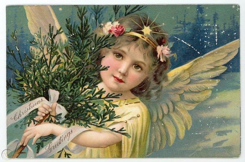 Christmas angel, wings, fantasy, christmas, craciun, girl, angel, vintage, card, tree, HD wallpaper