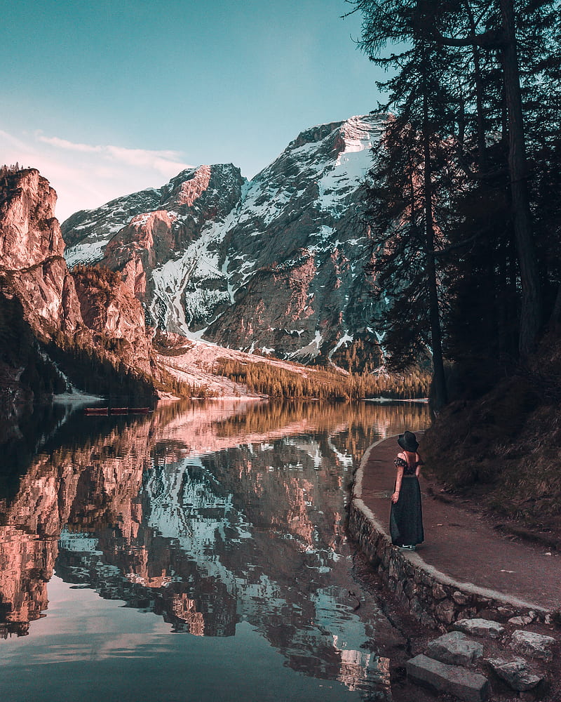 girl, mountains, lake, trees, reflection, landscape, HD phone wallpaper