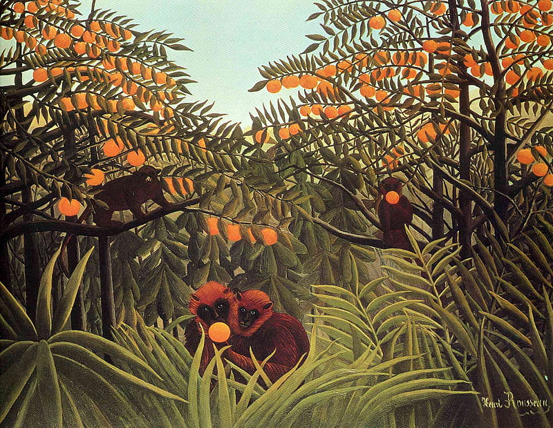 Apes in the orange grove, monkey, art, apes, green, orange, painting, grove, henri rousseau, HD wallpaper