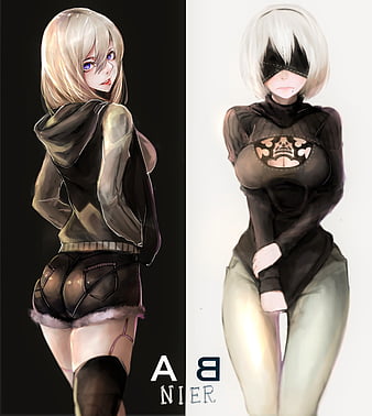 ass, cleavage, Nier: Automata, sweater, thigh-highs, 2B (Nier: Automata), A2 (Nier: Automata), NieR, HD phone wallpaper
