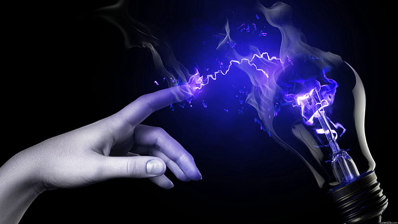 Drawing Energy, static, cool, light bulb, hand, electricity, fingers, energy, blue, HD wallpaper