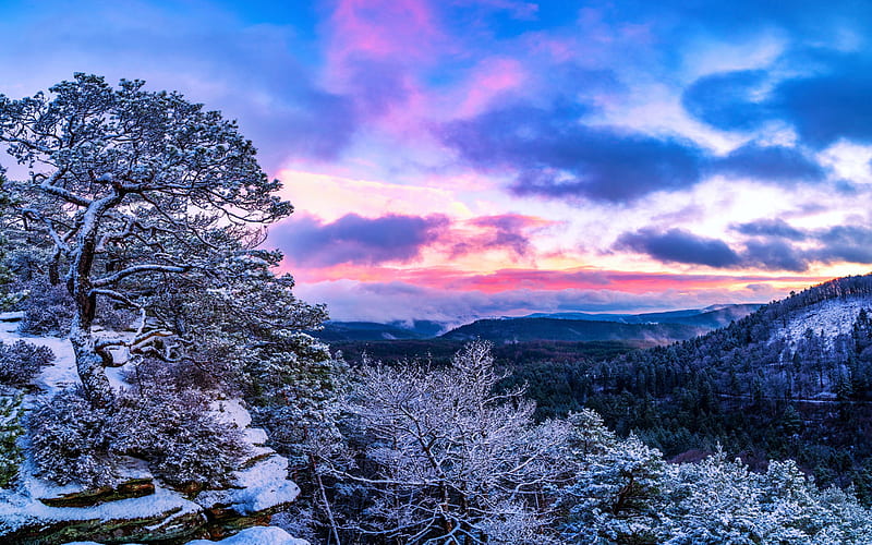Palatinate Forest, Germany, mountains, snow, colors, trees, sky, clouds, winter, HD wallpaper