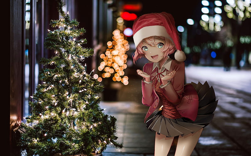 Anime, Christmas, Girl, Manipulation, Santa Hat, HD wallpaper