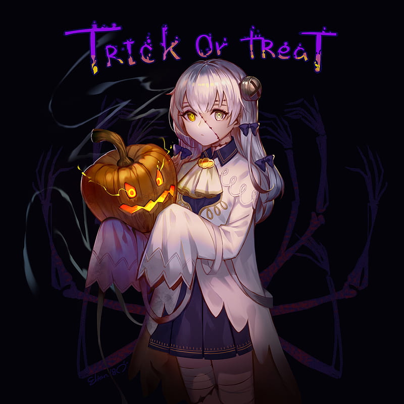Halloween, dark, thigh-highs, torn clothes, pumpkin, anime girls, HD phone wallpaper