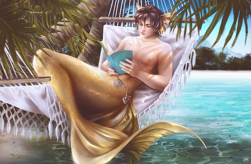 Merman on the hammock, water, vara, luminos, summer, mermaid, hammock, sea, aramisdream, fantasy, palm tree, HD wallpaper