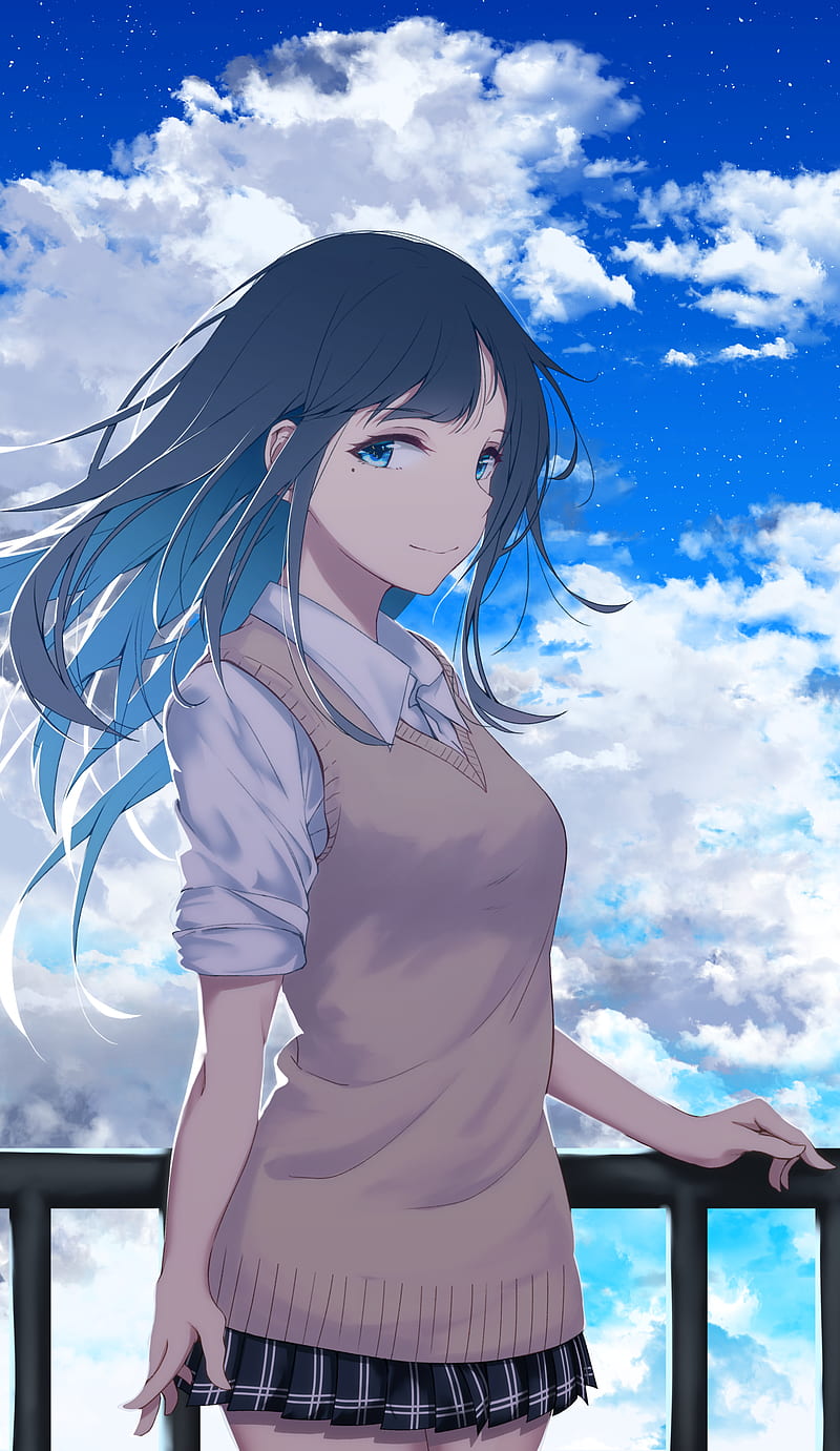 anime, anime girls, sweater, sky, clouds, long hair, blue eyes, blue hair, HD phone wallpaper
