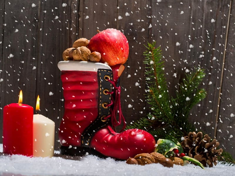 Christmas gifts, red, Christmas, boot, apples, pine cone, abstract, candles, fruit, spirit, nuts, tree, graphy, snow, simple, arrangement, gifts, HD wallpaper